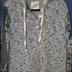 John Mark Blue Knit Hoodie with Patterned Sleeves